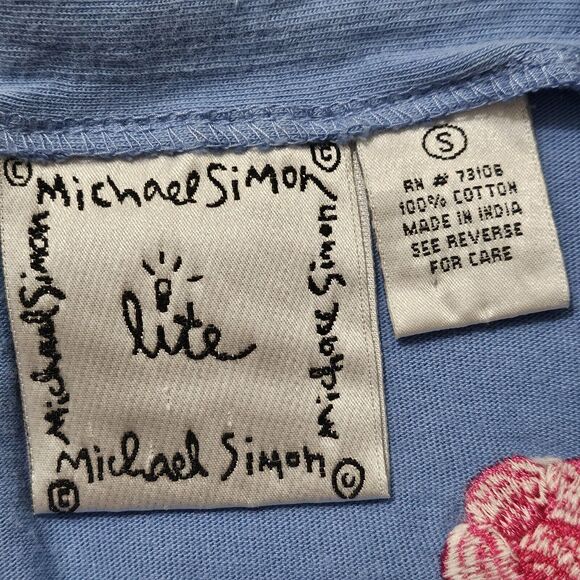 VTG Michael Simon Lite Sz Small Blue Flower Leaf Cardigan, Cotton Embroidered - Picture 5 of 7